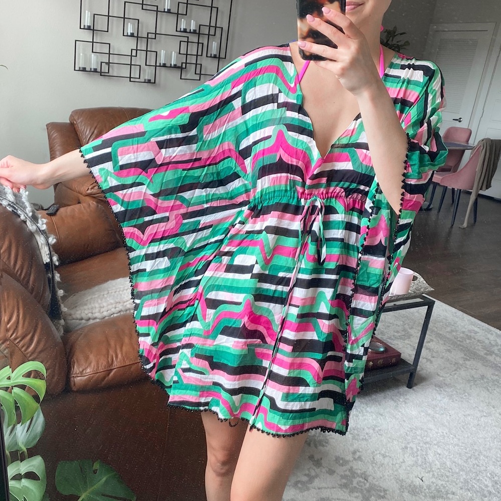 VIX GREEN PINK BEADED RETRO SWIM COVER UP ONE SIZE (DRAWSTRING)